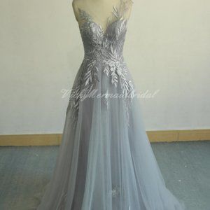 Unique Tulle Lace Wedding Dress, dusty blue bridal gown/prom dress